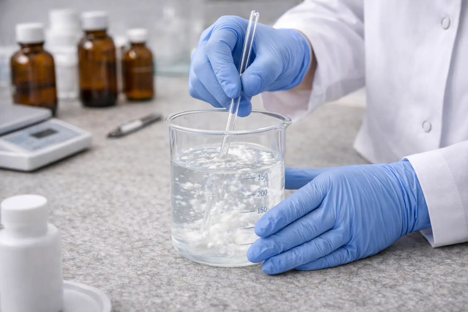 farmaceuta miesza roztwór