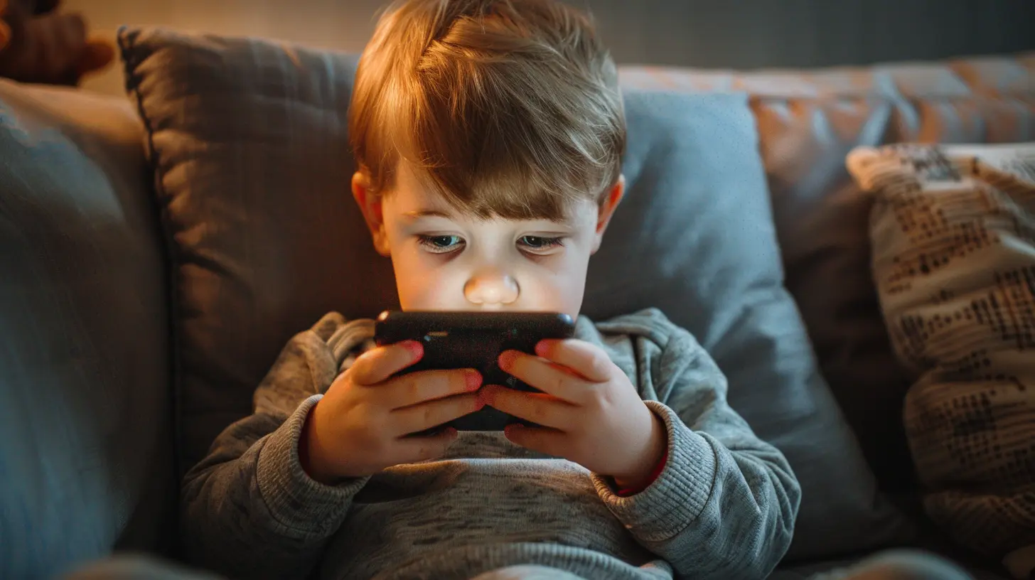mały chłopiec wpatrzony w telefon