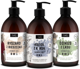 LaQ Czyściopak Męski białe żele: Ryszard z Bieszczad, Kozioł z Klasą, Dzikus z Lasu 3x500ml
