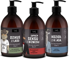 LaQ #Czyściopak Męski czarne żele: Dzikus, Zapach seksu i biznesu, Kozioł z Klasą szary-CZARNY 3x500ml