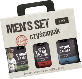 LaQ #Czyściopak Męski czarne żele: Dzikus, Zapach seksu i biznesu, Kozioł z Klasą szary-CZARNY 3x500ml