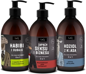 LaQ #Czyściopak Męski czarne żele: Habibi, Zapach seksu i biznesu, Kozioł z klasą szary-CZARNY 3x500ml