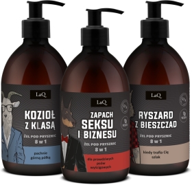 LaQ Czyściopak Męski czarne żele: Zapach Seksu i Biznesu, Ryszard z Bieszczad, Kozioł z klasą 3x500ml