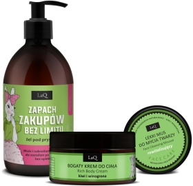 LaQ Zestaw KIWI I WINOGRONA ZAPACH ZAKUPÓW: żel, krem do ciała, mus do twarzy ZŁOTY (sianko) 500 ml + 200 ml + 40g