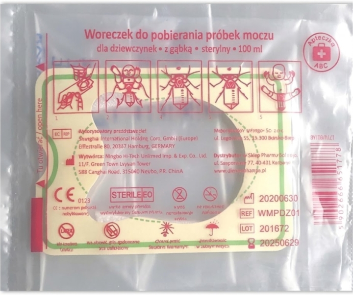 Apteczka ABC Woreczek do pobierania próbek moczu dla dziewczynek sterylny z gąbką 100 ml