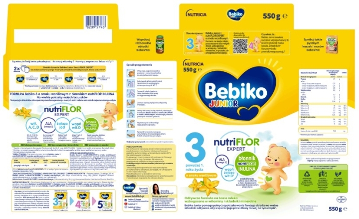 Bebiko Junior 3 Nutriflor Expert o smaku waniliowym 1+, 550 g