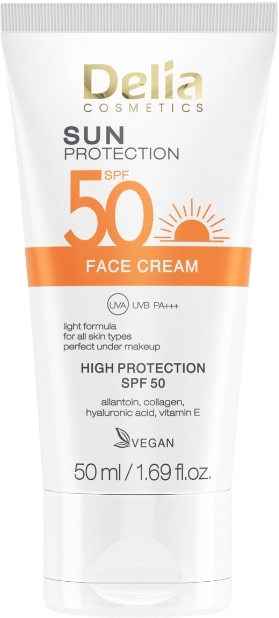 DELIA Lekki krem do twarzy SPF50 SUN PROTECTION z kwasem hialuronowym 50 ml