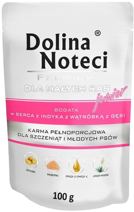DOLINA NOTECI Premium Junior karma dla dla małych ras psów serca z indyka z wątróbką gęsi 100g
