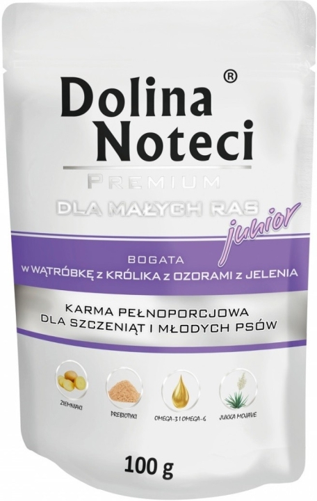 DOLINA NOTECI Premium Junior karma dla dla małych ras psów wątróbka z królika z ozorami z jelenia 100g