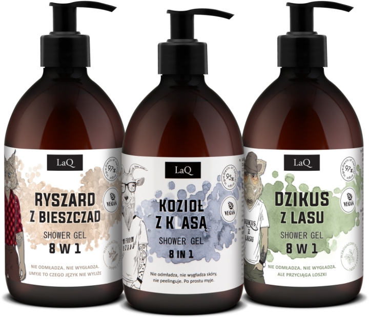 LaQ Czyściopak Męski białe żele: Ryszard z Bieszczad, Kozioł z Klasą, Dzikus z Lasu 3x500ml