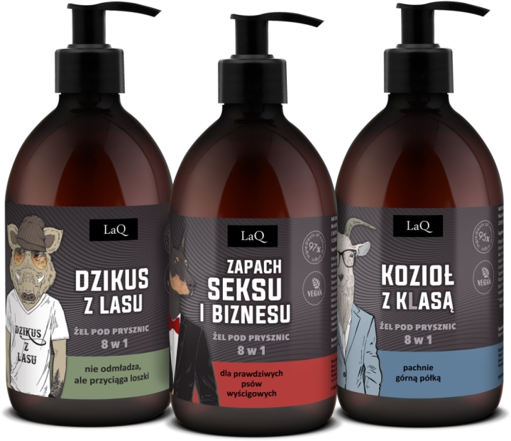 LaQ #Czyściopak Męski czarne żele: Dzikus, Zapach seksu i biznesu, Kozioł z Klasą szary-CZARNY 3x500ml