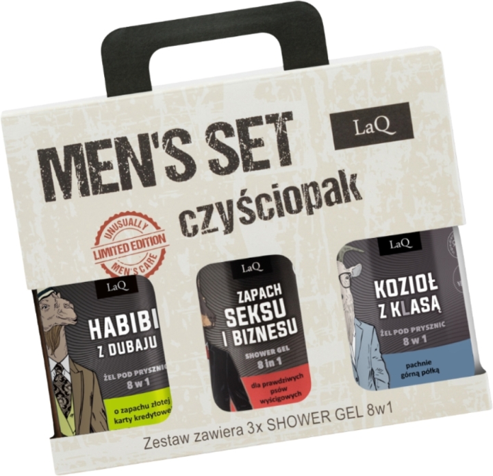 LaQ #Czyściopak Męski czarne żele: Habibi, Zapach seksu i biznesu, Kozioł z klasą szary-CZARNY 3x500ml