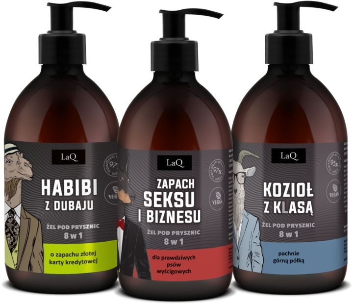 LaQ #Czyściopak Męski czarne żele: Habibi, Zapach seksu i biznesu, Kozioł z klasą szary-CZARNY 3x500ml