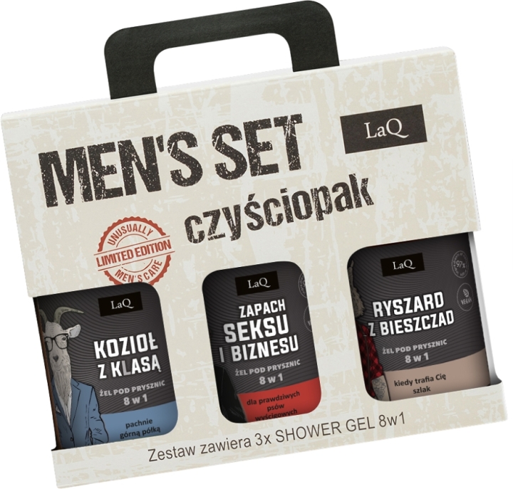 LaQ Czyściopak Męski czarne żele: Zapach Seksu i Biznesu, Ryszard z Bieszczad, Kozioł z klasą 3x500ml