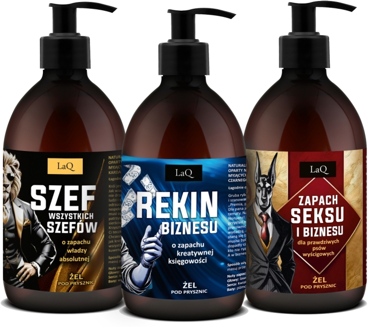 LaQ Czyściopak PREMIUM żele: Lew, Rekin, Zapach seksu i biznesu kraft-CZARNY 3x500ml