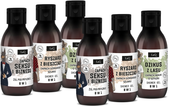 LaQ Czyściopak mini MĘSKI 2x Zapach Seksu i Biznesu, Ryszard z Bieszczad, Dzikus z Lasu 6x100 ml