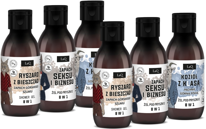 LaQ Czyściopak mini MĘSKI 2x Zapach Seksu i Biznesu, Ryszard z Bieszczad, Kozioł z Klasą 6x100 ml