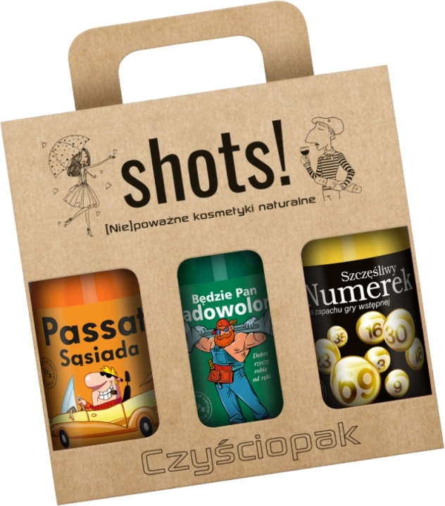 LaQ Shots! Czyściopak MĘSKI nr 2: Passat Sąsiada, Będzie Pan Zadowolony, Szczęśliwy Numerek 3x500ml