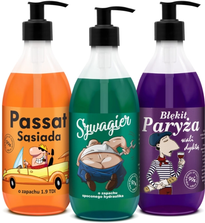 LaQ Shots! Czyściopak Męski żel: Passat Sąsiada, Szwagier, Błękit Paryża 3x500ml