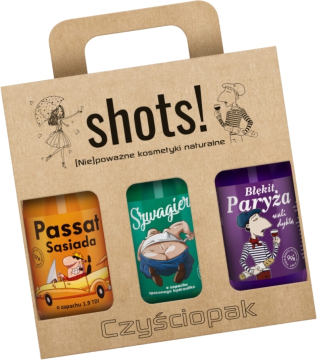 LaQ Shots! Czyściopak Męski żel: Passat Sąsiada, Szwagier, Błękit Paryża 3x500ml