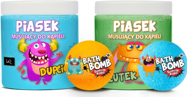 LaQ Zestaw DZIECIĘCY: piasek zielony, piasek niebieski, kula z niespodzianką niebieska, kula z niespodzianką pomarańczowa(sianko)