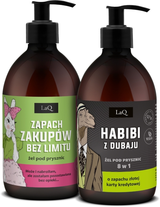 LaQ Zestaw MIX: KIWI I WINOGRONA: ZAPACH ZAKUPÓW BEZ LIMITU żel pod prysznic, HABIBI Z DUBAJU czarny mat: żel pod prysznic ZŁOTY 500 ml + 500 ml