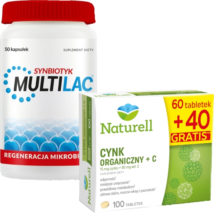 Multilac 50 kapsułek + Naturell Cynk Organiczny + Witamina C 100 tabletek