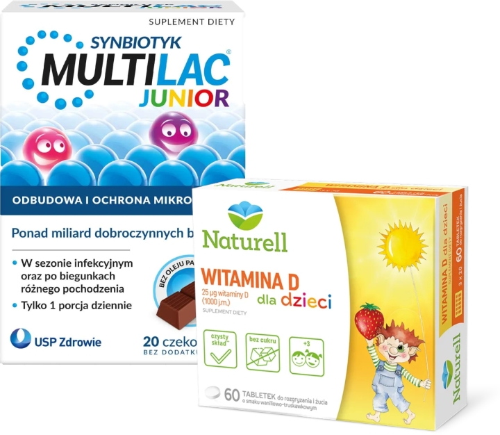 Multilac Junior czekoladka synbiotyk (probiotyk + prebiotyk) 20 sztuk + NATURELL Witamina D dla dzieci 60 tabletek