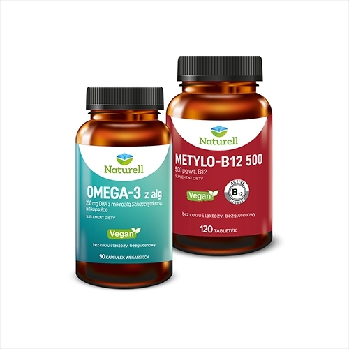 NATURELL Omega-3 z alg 90 kapsułek + NATURELL Metylo-B12 500 witamina B metylokobalamina 120 tabletek