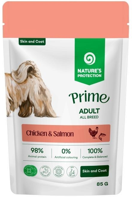NATURE'S PRTOECTION Dog Adult Skin and Coat mokra karma dla dorosłych psów kurczak z łososiem 85 g