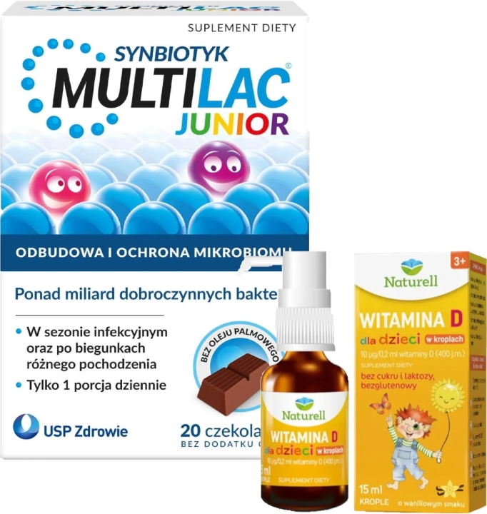 Naturell Witamina D dla dzieci krople 15 ml + Multilac Junior czekoladka synbiotyk (probiotyk + prebiotyk) 20 sztuk