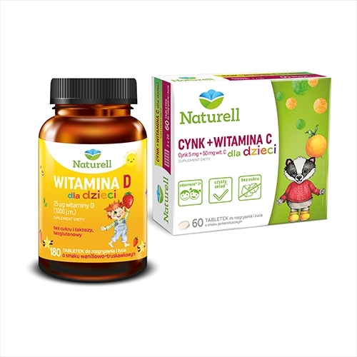 Naturell Witamina D dla dzieci tabletki do rozgryzania i żucia 180 tabl. + Naturell Cynk + Witamina C dla dzieci 60 tabletek do żucia