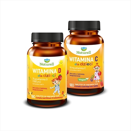 Naturell Witamina D dla dzieci tabletki do rozgryzania i żucia 180 tabl. + Naturell Witamina C dla dzieci tabletki do rozgryzania i żucia 180 tabletek