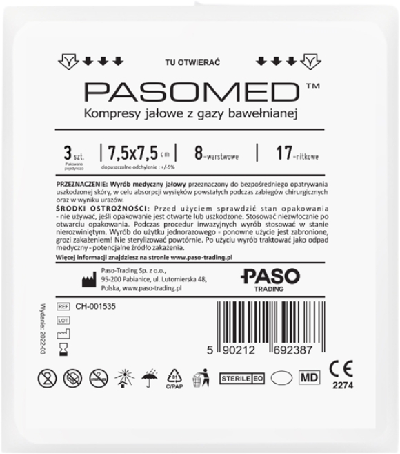 Paso Kompresy jałowe 17 nitkowe 8 warstwowe 7,5 x 7,5 cm 3 sztuki