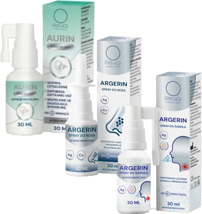 Ring Aurin Spray do uszu 30 ml + Ring Argerin Spray do nosa 30 ml + Ring Argerin Spray do gardła od 6 roku życia 30 ml