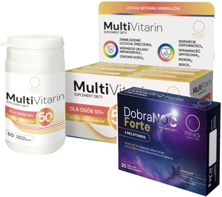 Ring Dobranoc Forte z melatoniną 30 tabletek + Ring MultiVitarin dla osób 50+ 60 tabletek