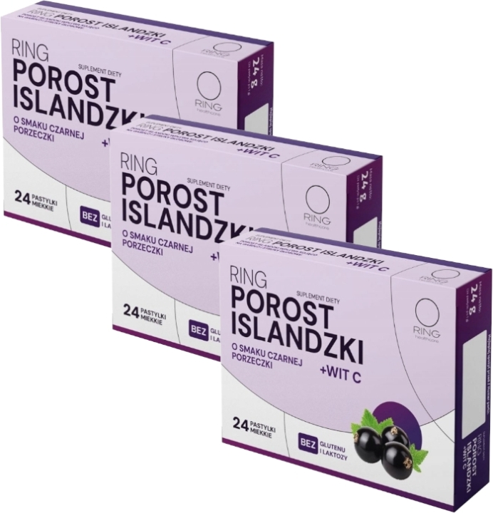Ring Porost Islandzki + Witamina C o smaku czarnej porzeczki 24 pastylki Wielopak x 3