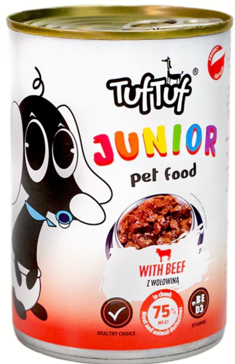 TufTuf Junior pełnoporcjowa karma dla szczeniąt z wołowiną w sosie 415 g