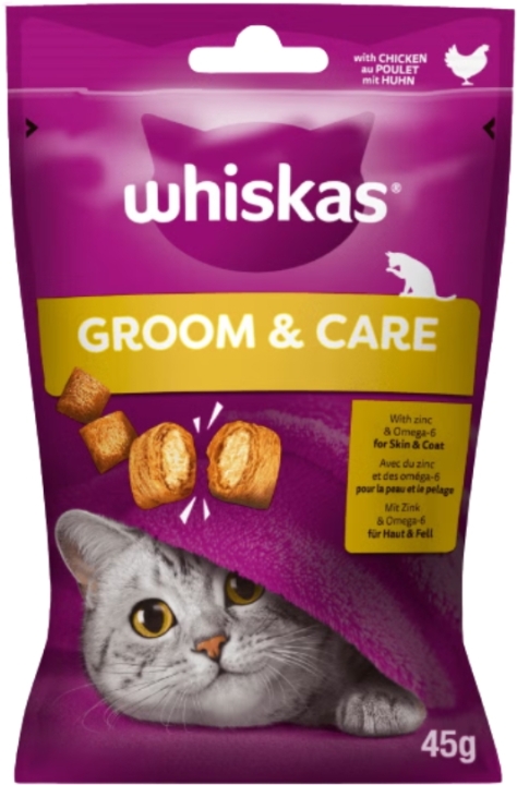Whiskas Przysmak dla kota Groom&Care Zdrowy Blask Kurczak 45 g (Data ważności 01.10.2026)