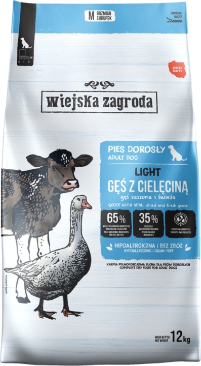 Wiejska Zagroda Karma sucha dla psa Light Gęś z cielęciną Prebiotyk i probiotyk (dorosły) 12 kg