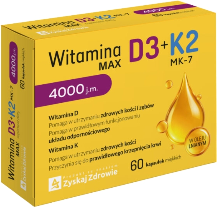 Witamina D3 4000 j.m.  K2 MK7 Max 60 kapsułek